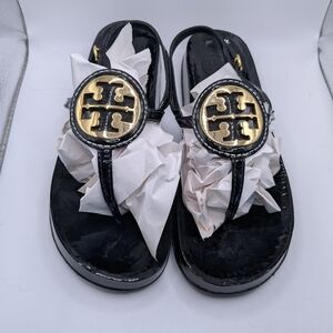 Tory Burch Dillan Black Patent Leather Thong Sandals with Gold Emblem Size 7